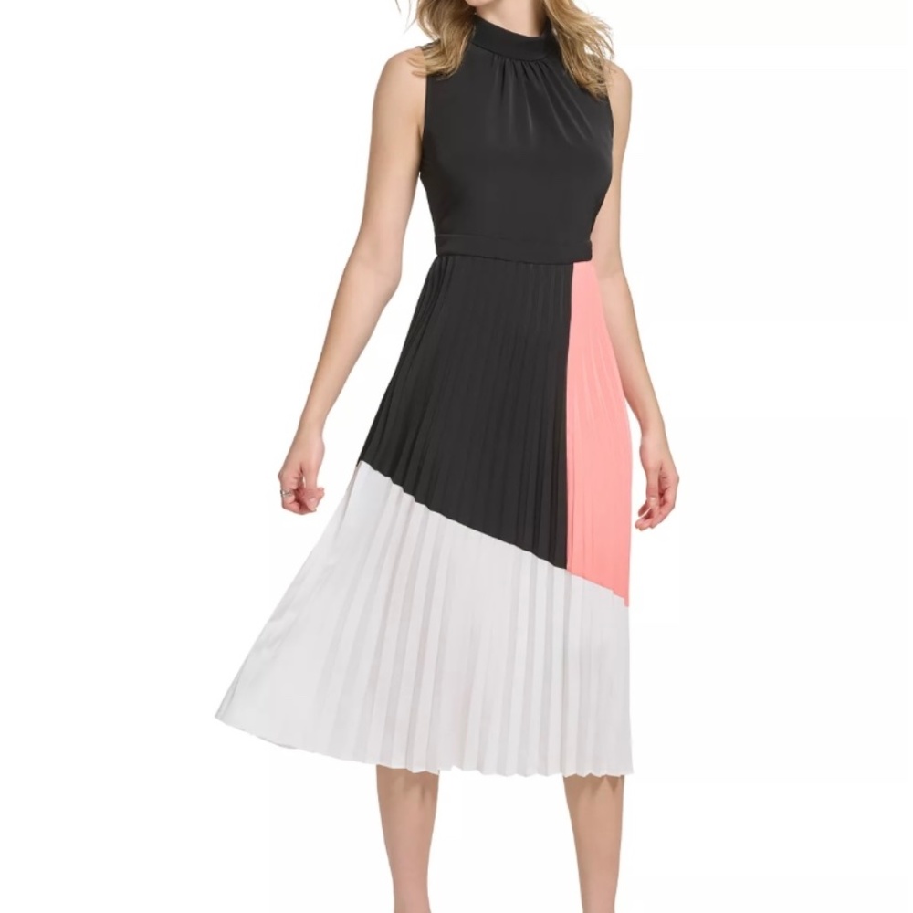 Karl Lagerfeld Colorblocked Mock-Neck Pleated Midi Dress